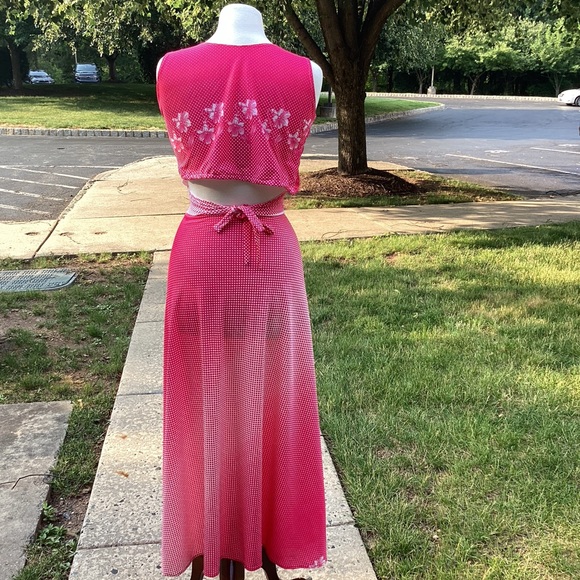 Handmade two piece swim beach dress pink polka dot and tropical flowers one size - Picture 7 of 9